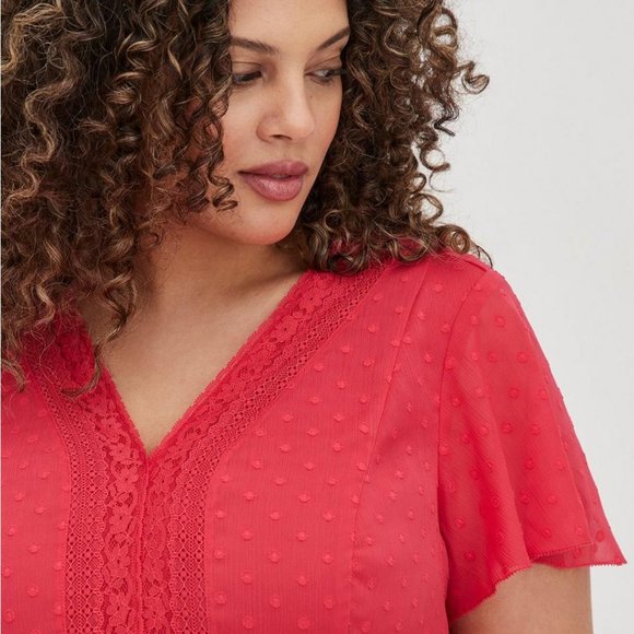 Torrid Peplum Chiffon Clip Dot Lace Inset Top - Picture 3 of 16